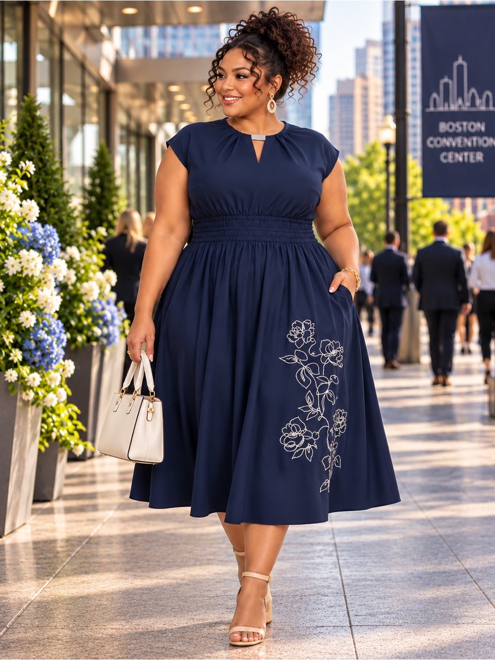 NWT DKNY Navy Floral Fit & Flare Midi Business Dress Size 20W